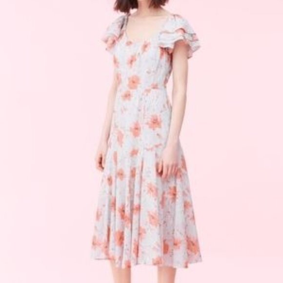 Rebecca Taylor La Vie Louise Floral Ruffle Midi Dress in Soft Blue/Peach Small - Picture 2 of 11